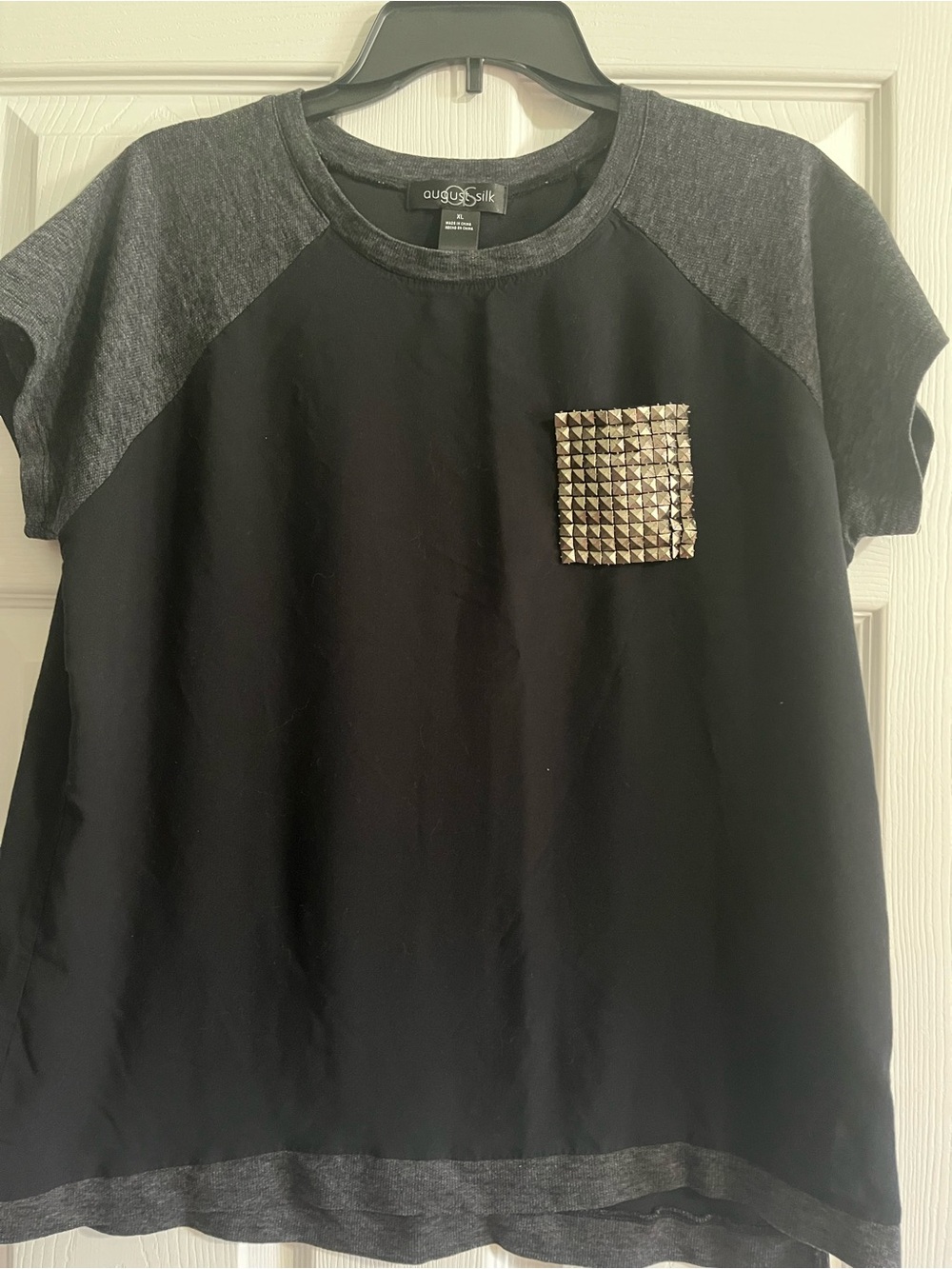august silk Black and Gray Short Sleeve Top with Stud Pocket